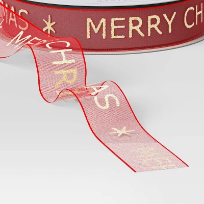 18' Christmas Fabric Ribbon Merry Christmas On Red Sheer - Wondershop™ 4 18' Christmas Fabric Ribbon Merry Christmas On Red Sheer - Wondershop™ - Image 2