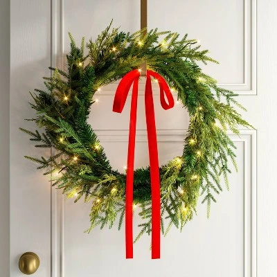 28" Christmas Led Mixed Norfolk And Cedar Wreath With Red Velvet Bow - Wondershop™ 3 28" Christmas Led Mixed Norfolk And Cedar Wreath With Red Velvet Bow - Wondershop™