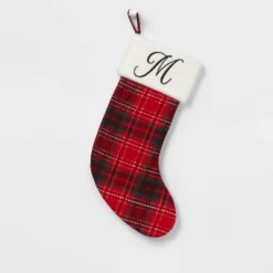 20" Plaid Monogram Christmas Holiday Stocking With Faux Fur Cuff Red/Green/White - Wondershop™ -Wonder Shop USA GUEST 844bad67 c36d 4655 9368 1c96a6d10ae9