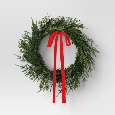 28" Christmas Led Mixed Norfolk And Cedar Wreath With Red Velvet Bow - Wondershop™ 4 28" Christmas Led Mixed Norfolk And Cedar Wreath With Red Velvet Bow - Wondershop™ - Image 2