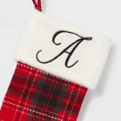20" Plaid Monogram Christmas Holiday Stocking With Faux Fur Cuff Red/Green/White - Wondershop™ -Wonder Shop USA GUEST 9dbcd398 48b8 4664 9a01 953f5549c6bb